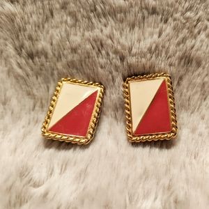 Rust red, cream, and gold clip earrings